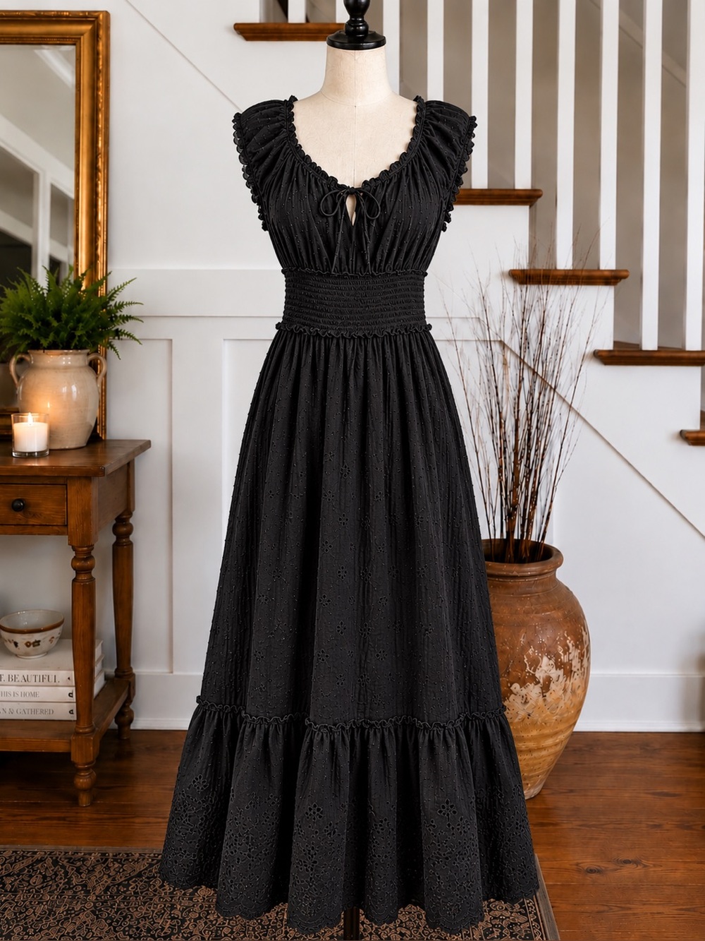 Black Smocked Waist Eyelet Midi Dress